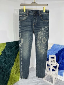Абсолютно новые осенне-зимние мужские джинсовые прямые брюки с модным принтом, Шикарные повседневные джинсы C625