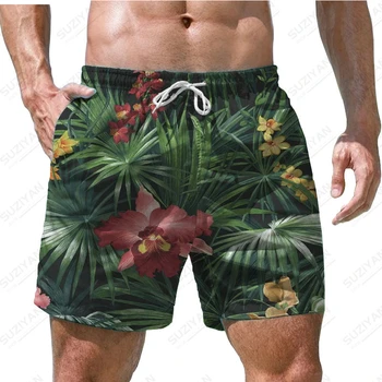 Забавные Гавайские пляжные шорты с 3D принтом зеленого растения, Мужские Спортивные повседневные пляжные шорты, Модные шорты для бега, дышащие, Большие размеры