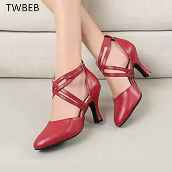 Женские туфли для Латиноамериканских Танго и бальных танцев из натуральной кожи Черного и красного цвета, женские туфли для сальсы с закрытым носком, Большие размеры, высокий каблук