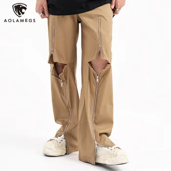 Мужские брюки с застежкой-молнией на высокой Улице, однотонные Брюки в стиле хип-хоп с несколькими застежками-молниями, Прямые брюки Унисекс с двойной талией