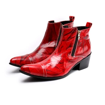 2023 Итальянские Красные свадебные туфли, увеличивающие рост, Модные ботильоны на молнии с острым носком, Элегантные мужские рабочие ботинки из натуральной кожи