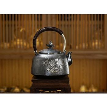 Серебряный чайник из стерлингового серебра 999 пробы, чайный сервиз ручной работы, японский ретро-чайник, чайный сервиз для домашней чайной церемонии кунг-фу, 1200 мл