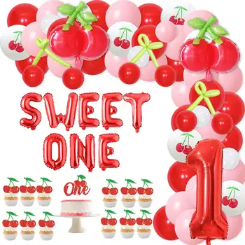 Украшения для вечеринки в честь 1-го дня рождения вишни с воздушными шарами Cherry Sweet One, Баннер, Топпер для торта для девочки, Принадлежности для Первого Дня рождения Вишни