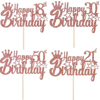 Блестящие Розовые Золотые Топперы для Торта с номером на День рождения в виде Звезды 10th 16th 20th, Украшения для Торта на День рождения, Принадлежности для Вечеринки по случаю Дня рождения