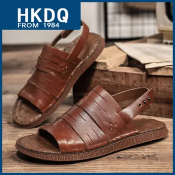 HKDQ/ Высококачественные Мужские сандалии ручной работы из натуральной кожи, Модные Удобные Мягкие мужские летние Сандалии, Нескользящая уличная Мужская Пляжная Обувь