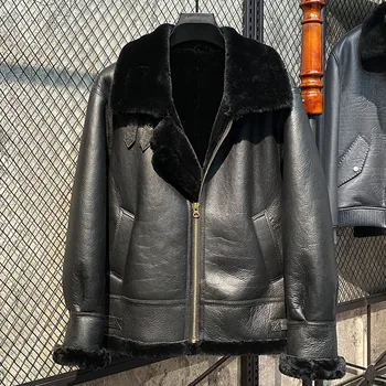 Пальто из натурального меха, Мужские кожаные куртки из меха для мужчин, Зима 2023, Утолщенная Мотоциклетная кожаная куртка из натуральной овчины, летный костюм