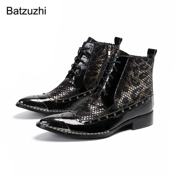 Мужские ботинки Batzuzhi в британском стиле, Красивые Ботильоны Из черной кожи с острым металлическим носком, Мотоциклетные ботинки на шнуровке, обувь для Вечеринок, 38-46