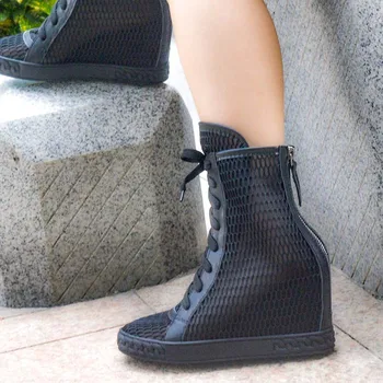 Дизайнерские кроссовки с высоким берцем из дышащей сетки на молнии сзади, увеличенные по высоте на танкетке 8 см, Zapato, Повседневные туфли на шнуровке с круглым носком