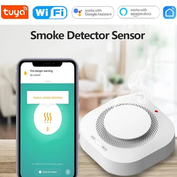 Функция Wi-Fi Tuya Smart Life Датчик обнаружения дыма PIR Пожарная сигнализация Безопасность семейной гостиной Кухни Работа с Alexa Google Home
