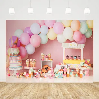 Фон для Фотосъемки Mehofond Десертный дом, Воздушные шары с мороженым, Девушка, Украшение Торта на 1-й день Рождения, Фон для Фотостудии