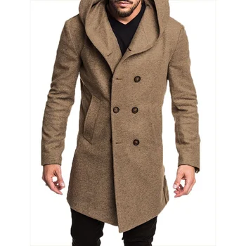 Зима-осень 2023, Новое мужское шерстяное пальто, Теплые повседневные мужские двубортные тренчи с капюшоном, тонкие однотонные пальто в британском стиле