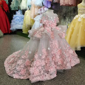 2022 Реальное изображение Новое Платье с цветочным узором для девочек, Одежда для маленьких Девочек, Кружевная 3D Аппликация с цветами, Пышный Тюль, Детское платье на День Рождения, Сшитое на заказ