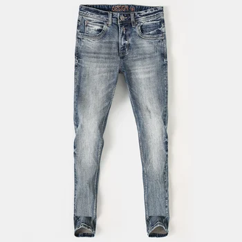Модные дизайнерские мужские джинсы Высокого качества в стиле ретро, Синие Эластичные облегающие рваные джинсы, Мужские винтажные брюки, Повседневные джинсовые брюки Hombre