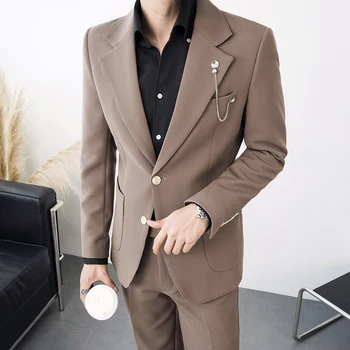 (Блейзер + брюки) Высококачественный модный деловой повседневный мужской костюм в корейском стиле, приталенный пиджак, комплект из двух предметов, платье для вечеринки