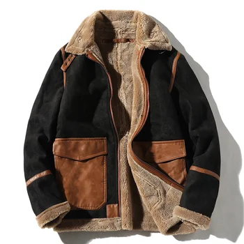 Мужской Известный бренд 4XL 5XL Зимняя теплая куртка-бомбер, Кожаная Винтажная куртка из искусственного меха, замшевые пальто B749