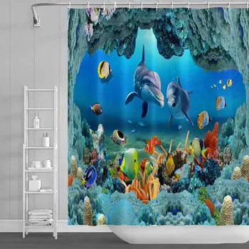 Занавеска для душа с дельфинами, Синий подводный мир, Морская жизнь, Полиэфирная ткань, Набор декора для ванной комнаты в стиле детского океана с 12 крючками