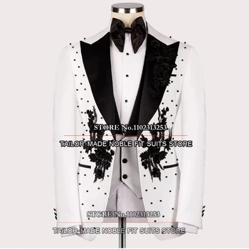 Белые свадебные костюмы ручной работы, Официальная одежда жениха, Смокинг, Черные аппликации из бисера, Мужская одежда, костюм на заказ, 3 предмета, Homme