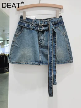 Дизайнерская джинсовая юбка с двойным поясом, женские однотонные шикарные юбки с высокой талией, Женская Летняя новинка 2023 11XX2455