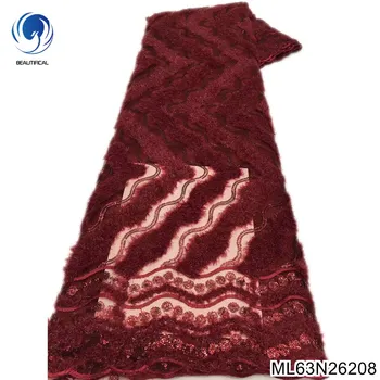 2022 Красный французский тюль с блестками, вышитая кружевная ткань, нигерийская сетка, пушистые кружевные ткани, 5 ярдов, африканская кружевная ткань ML63N262