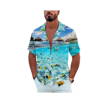 Мужская Гавайская рубашка с коротким рукавом, Летняя Пляжная одежда с принтом Океана, Винтажная Одежда, Модный Однобортный Повседневный Размер с лацканами