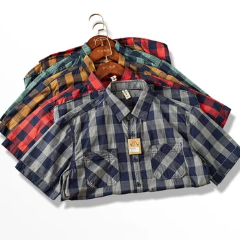 Винтажная клетчатая рубашка с короткими рукавами, мужская рубашка в клетку с карманом, трендовая повседневная рубашка в клетку в стиле пэчворк