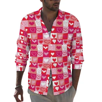 Мужские Рубашки, Блузка с длинным рукавом, Модная рубашка с 3D принтом в форме Сердца, топ с отложным воротником, Уличная одежда, Футболки, Осень
