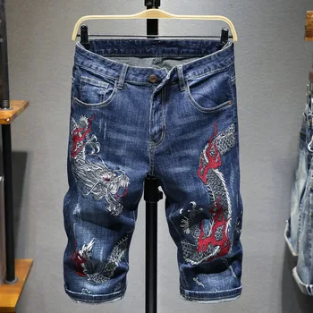 2023 Новый модный бренд, Шорты с вышивкой дракона, Джинсы для мужчин, Летние Ретро Тонкие джинсовые шорты, Джинсовые мужские брюки, Роскошная одежда