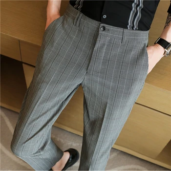 Высококачественный Весенне-осенний клетчатый костюм с текстурой, Корейские мужские облегающие деловые брюки для офиса, Брендовые повседневные брюки