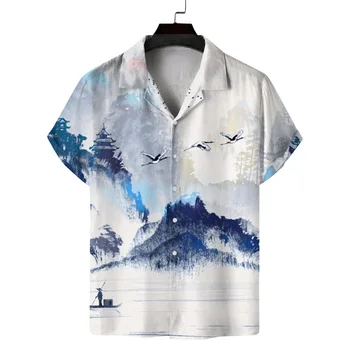 Мужская рубашка в китайском стиле с принтом, Гавайские рубашки с коротким рукавом, летние футболки с V-образным вырезом, топы-кардиганы большого размера