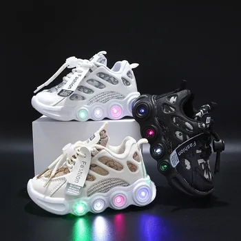 Кроссовки; Модная Детская обувь со светодиодной Подсветкой; Дышащая Сетчатая обувь с Надписью 