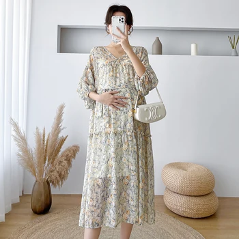 Летнее модное платье с цветочным рисунком для беременных, рукав три четверти, V-образный вырез, завязки на талии, шифоновое платье для беременных, платье для беременных