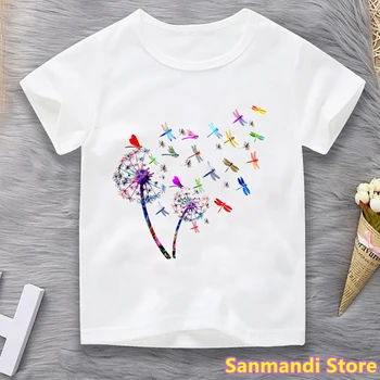 Акварельная футболка с принтом одуванчика, летняя милая одежда для маленьких девочек, милые топы, тройники, детская одежда, белые детские футболки camiseta