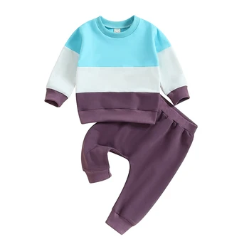 Зимняя одежда для новорожденных мальчиков контрастного цвета, пуловер с круглым вырезом и длинными рукавами, толстовка, топы, брюки, осенняя одежда для малышей