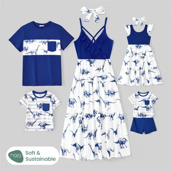 Подходящая одежда для семьи PatPat, хлопковые футболки с короткими рукавами и платья для всей семьи с принтом динозавра