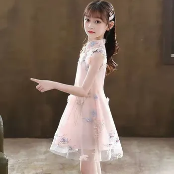 Летнее платье Cheongsam Hanfu для маленьких девочек-подростков, Детское платье для маленьких девочек, длинное платье в китайском стиле в стиле ретро
