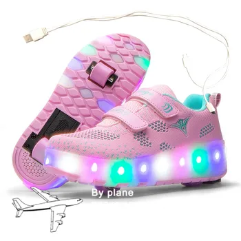 Детские Светящиеся Кроссовки на двух Колесах, Черные, Розовые, со светодиодной подсветкой, Обувь для роликовых Коньков, Детская обувь со светодиодной подсветкой Для Мальчиков и Девочек, зарядка через USB 159