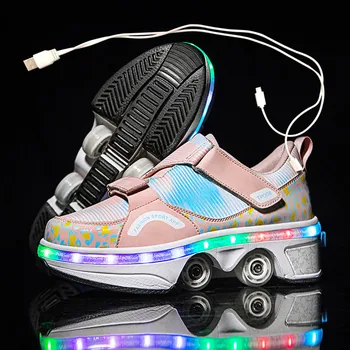 Повседневные кроссовки, роликовые коньки для ходьбы, зарядка через USB, Четырехколесные коньки для взрослых, мужчин, женщин, Унисекс, детское деформируемое колесо, обувь со светодиодной подсветкой
