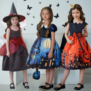 2023 Платье на Хэллоуин для детей, Карнавальный костюм для девочек, наряд с принтом Сумки, платье Принцессы Трапециевидной формы, праздничное платье
