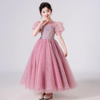 Детское платье принцессы для девочек С пышными рукавами и блестками, Сетчатое Свадебное платье с цветочным узором для девочек, Летнее платье для маленькой девочки