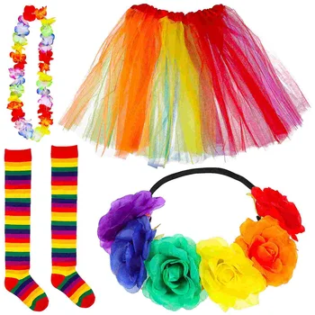 1 Комплект, фатиновая юбка-пачка, радужные носки выше колена, повязка на голову с цветочным узором, праздничный костюм