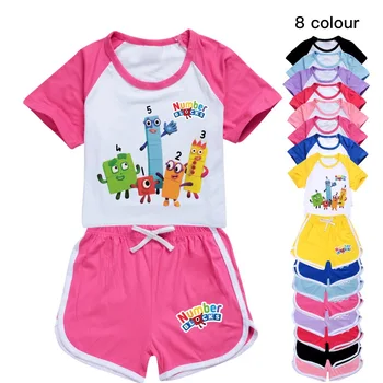Новый Летний Детский Пижамный комплект с короткими рукавами и цифровыми Блоками Для мальчиков и Девочек, Повседневная Хлопковая футболка с принтом, Топ + Брюки, Спортивная одежда