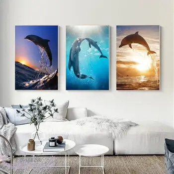 Плакат с Океанским дельфином Морской Пейзаж Закат Пейзаж Холст Картина Настенное искусство Картина для Спальни Детская комната Современное украшение дома