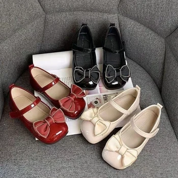 2023 Весенне-осенние Маленькие кожаные туфли для девочек с бантом в западном стиле, Мягкие туфли Принцессы, Детские тонкие туфли Для маленьких девочек в горошек