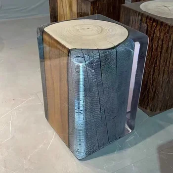 Приставной столик из обожженного ствола с акриловым стеклом и хрустальным приставным столиком из обожженного массива дерева