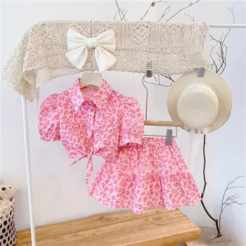 Детская одежда 2023, Летняя Новая Розовая Леопардовая юбка для девочек, Короткий топ с короткими рукавами + Короткая юбка, Комплект из 2 предметов, Горячая одежда для девочек