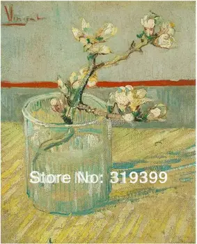 Репродукция картины маслом на льняном холсте, ветка цветущего миндаля в стакане кисти Винсента Ван Гога, доставка DHL, 100% ручная работа
