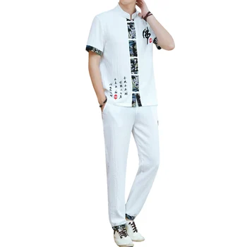 Летний новый мужской комплект с вышивкой, черно-белый, в китайском ретро стиле, футболка с круглым вырезом и коротким рукавом в стиле пэчворк и брюки
